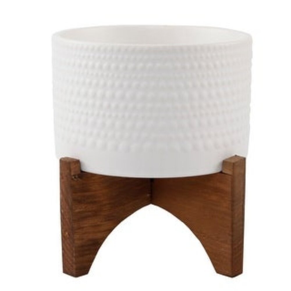 Flora Bunda 5 in. Hobnail Ceramic Planter on Wood Stand Matt White